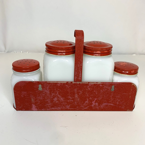 McKee Tipp City Cornucopia Milk Glass Shaker Lot Salt Pepper Flour Sugar Rack - Picture 4 of 9
